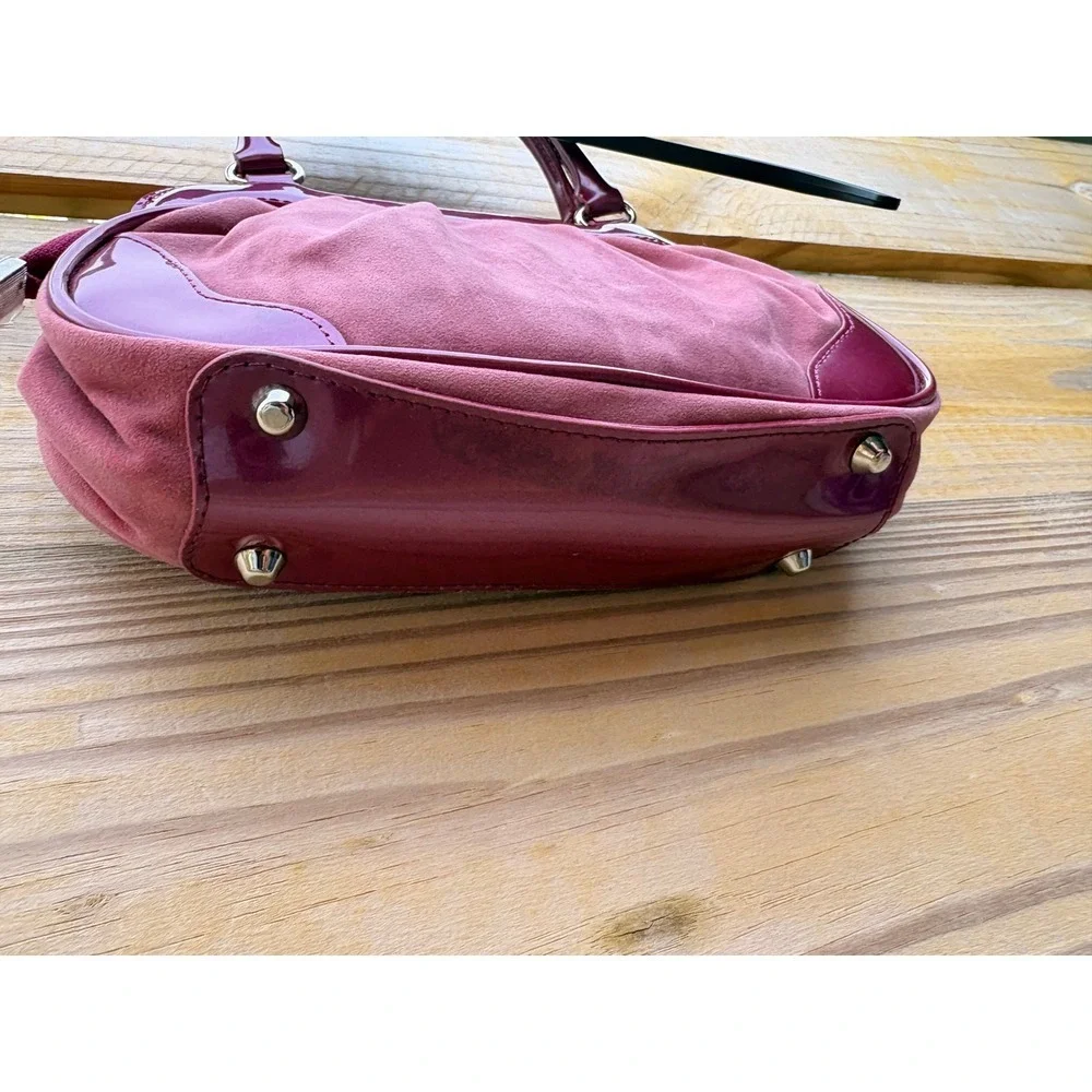 Y2K Beijo Couture Satchel Handbag Mauve Patent Trim Ruched Faux Suede Frame 11in
